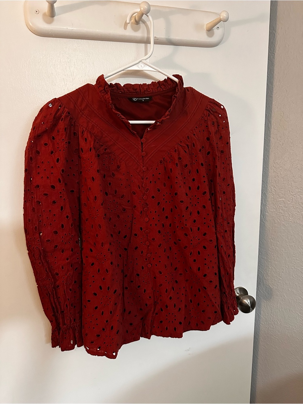 Rust Red Eyelet Peasant Blouse with Ruffled Neckline